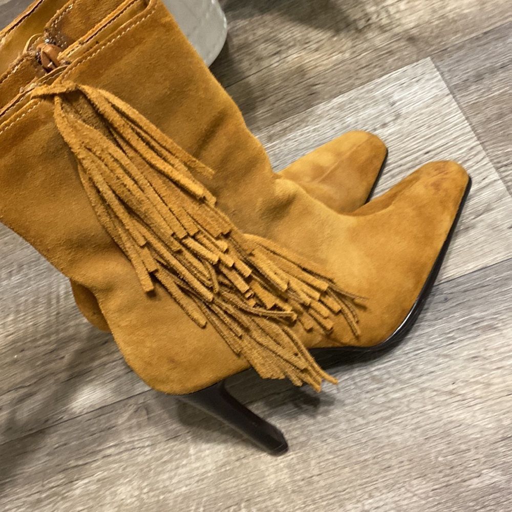 💛COWGIRL GLAM!✨Predictions Suede Leather Fringes Boots Tan Sz 6 SHIPS FREE!